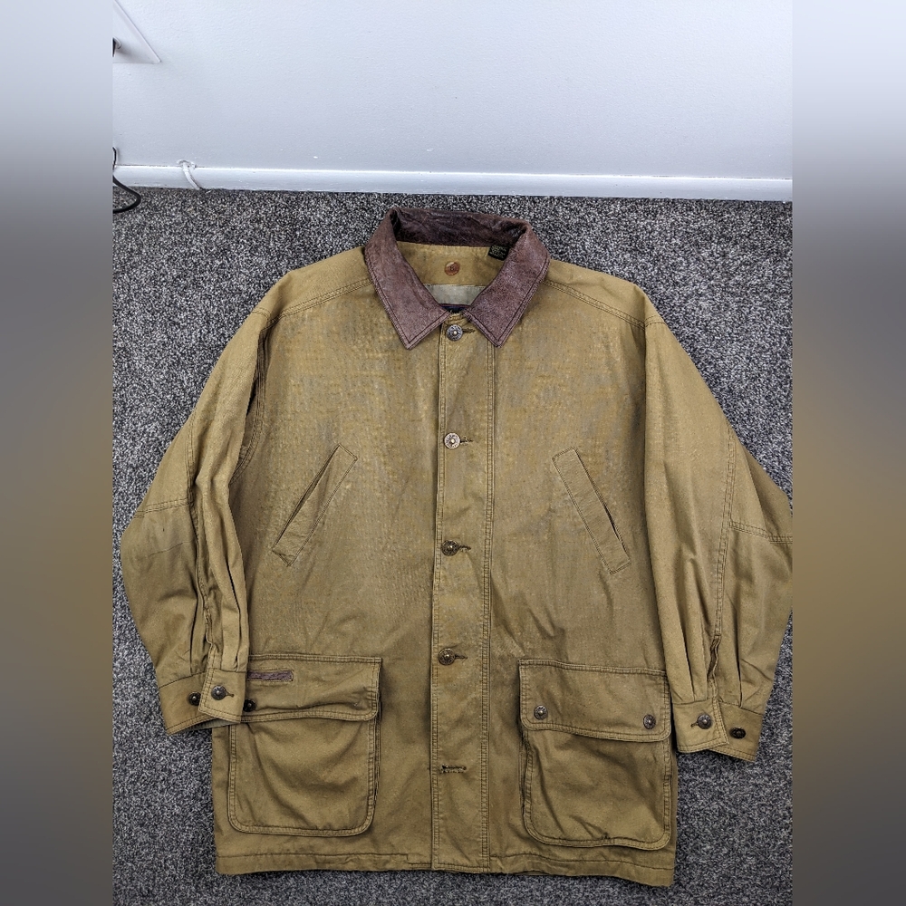 VTG Timberland Jacket Weathergear Canvas Chore Barn Leather Collar Mens Large